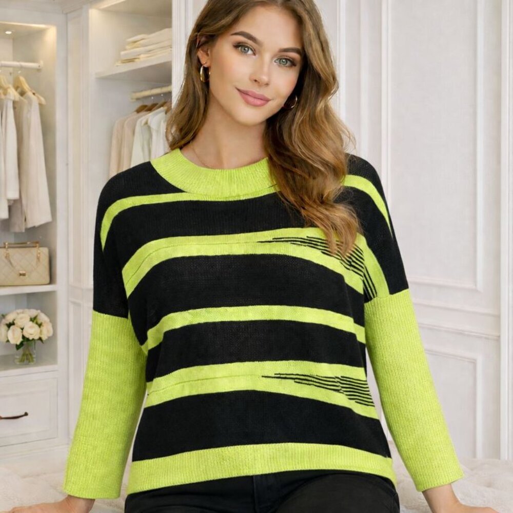 Kerisma Knit Top Black and Neon Green Striped Sweater Bold